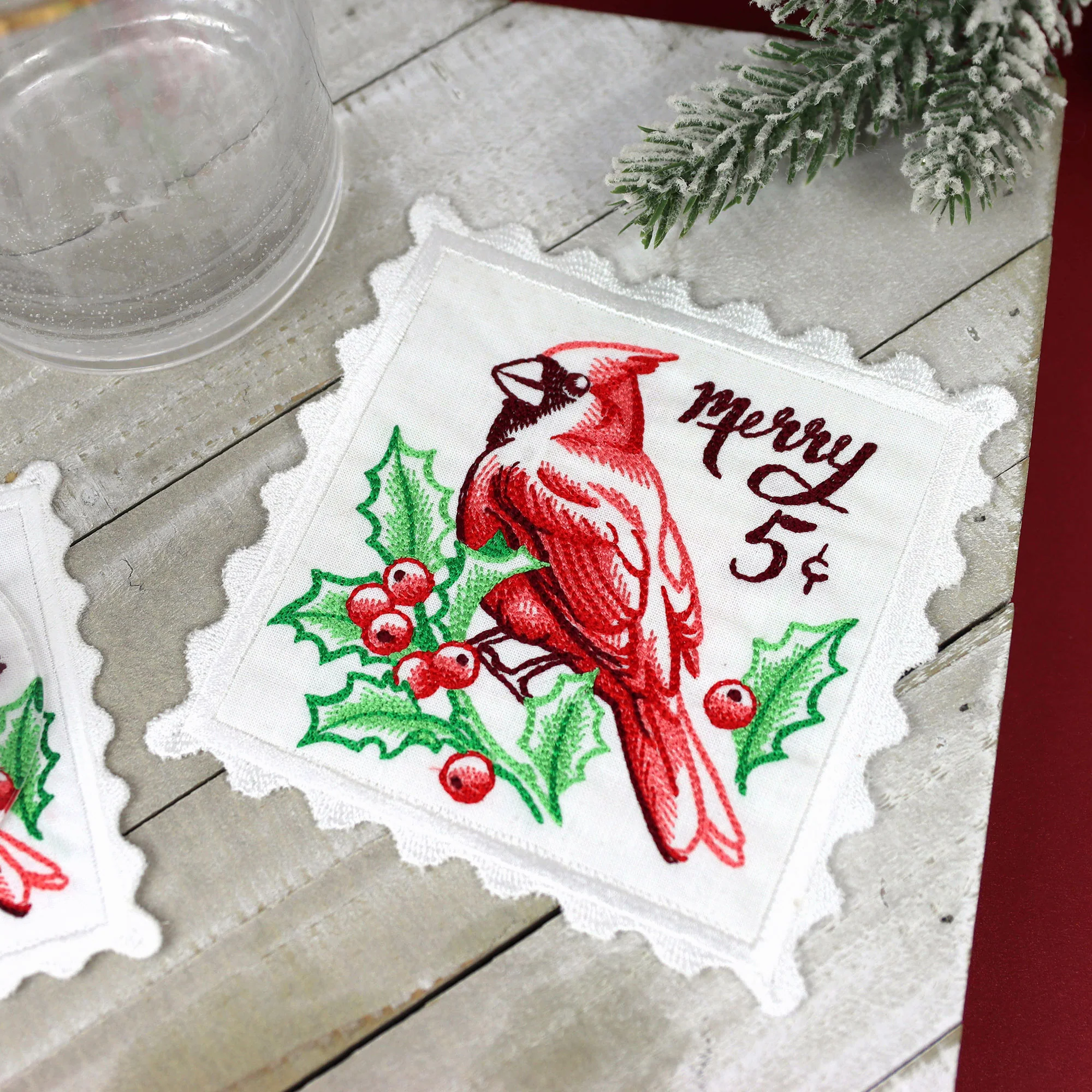 Lace Edge Cardinal Stamp Coaster (In-the-Hoop) - Image 8