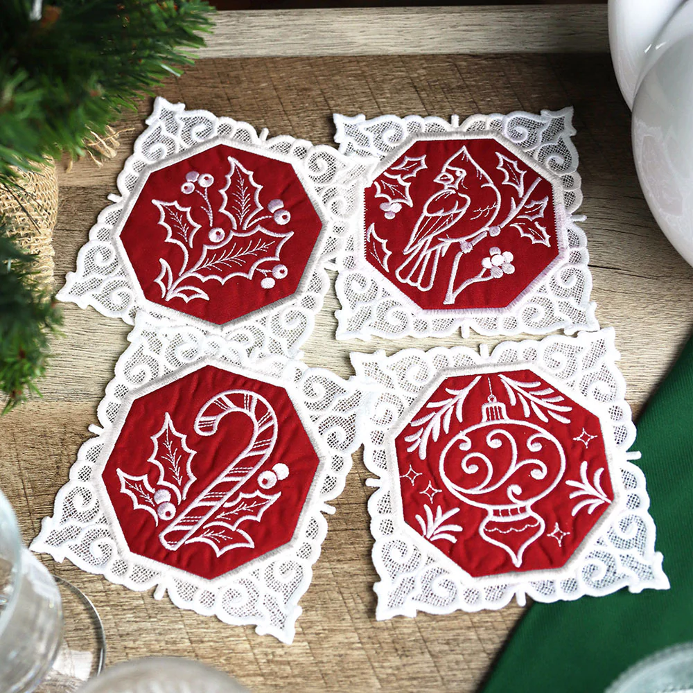 Lace Edge Christmas Coasters Design Pack (In-the-Hoop) - Image 2