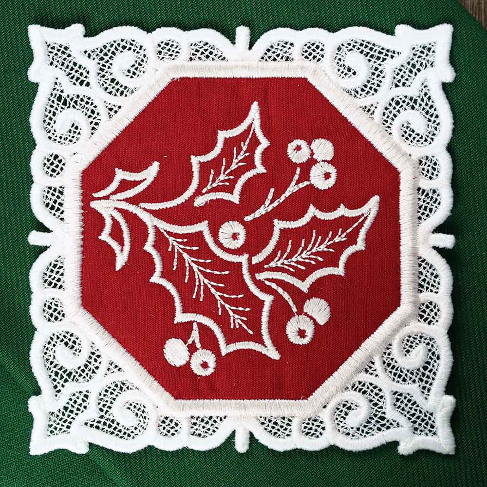 Lace Edge Christmas Coaster - Holly (In-the-Hoop) - Image 2