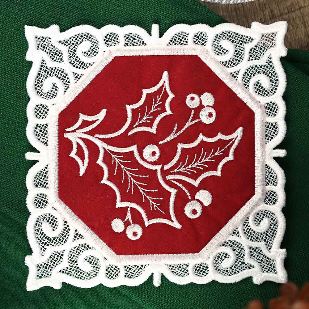 Lace Edge Christmas Coaster - Holly (In-the-Hoop) - Image 3