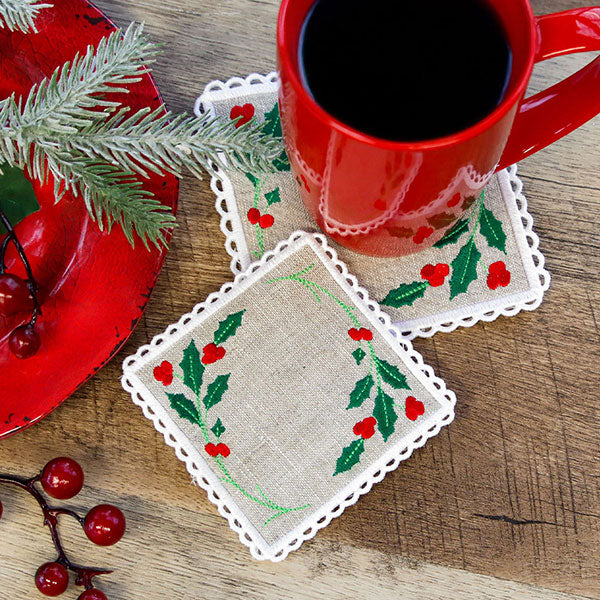 Lace Edge Holly & Berries Coaster (In-the-Hoop)