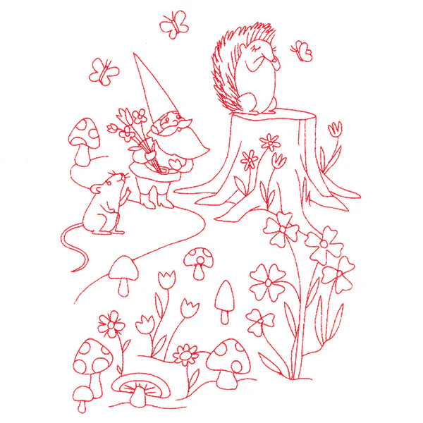 Magical Gnome Scene - Gathering with Friends (Redwork) - Image 5