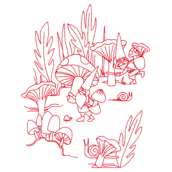 Magical Gnome Scene - Harvesting Mushrooms (Redwork) - Image 4