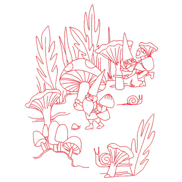 Magical Gnome Scene - Harvesting Mushrooms (Redwork) - Image 5