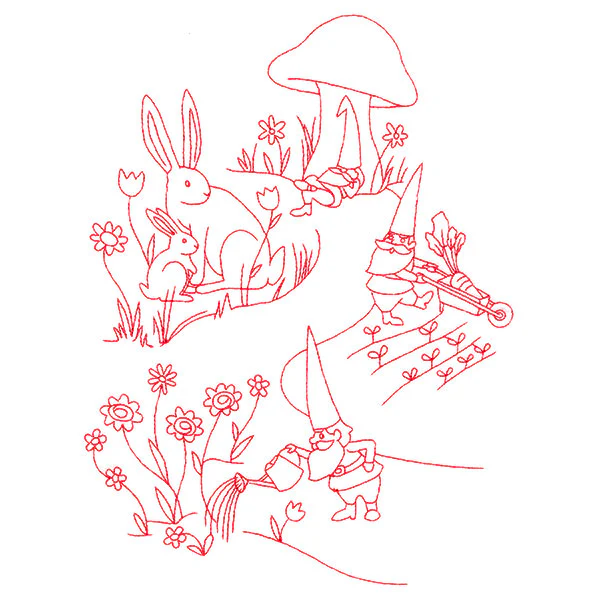 Magical Gnome Scene - In the Garden (Redwork)