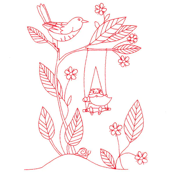 Magical Gnome Scene - Swinging (Redwork) - Image 2