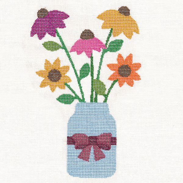 Primitive Coneflowers in Mason Jar (Cross Stitch) - Image 2
