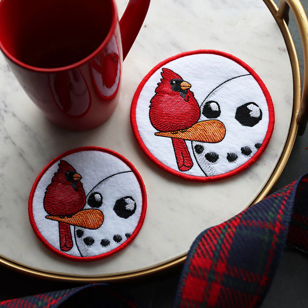 Sweet Peeking Snowman with Male Cardinal Coaster (In-the-Hoop) - Image 2