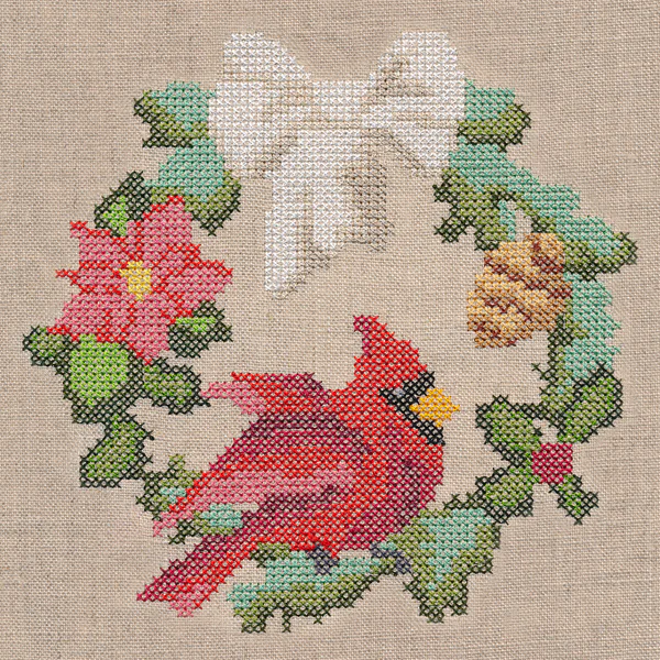 White Christmas Cardinal Wreath (Cross Stitch)